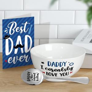 Gift for Dad Father's Day Cereal Bowl and Cereal Killer Spoon Set with Best Dad Ever Greeting Card Set of 3 Birthday Engraved Box Basket Cerealsly Love You Daddy from Daughter Son Ice Cream