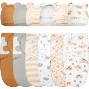 Ramede 6 Pack Swaddle Blanket with Hats for Baby Girl Boy 100% Cotton Swaddles 0-3 Months, Adjustable Breathable Skin Friendly Receiving Blanket Wrap, Essential for Newborns (Multicolor)
