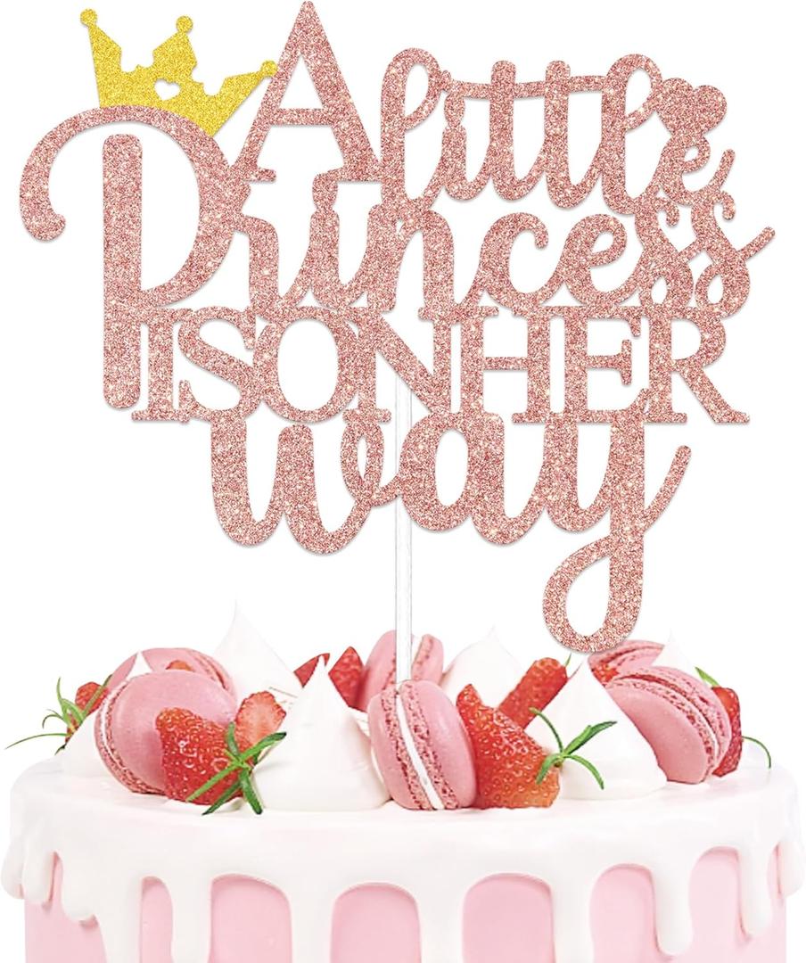 A Little Princess is on her Way Cake Topper Princess Themed Baby Shower Party Decorations for Girl Welcome Baby Girl Gender Reveal Party Decor Sign Rose Gold Glitter