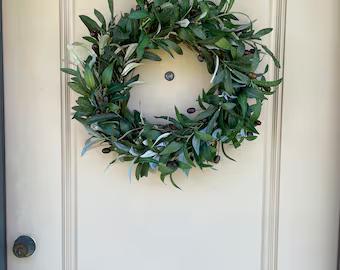 Olive Wreath, Realistic Faux Greenery, Farmhouse Front Door Decor