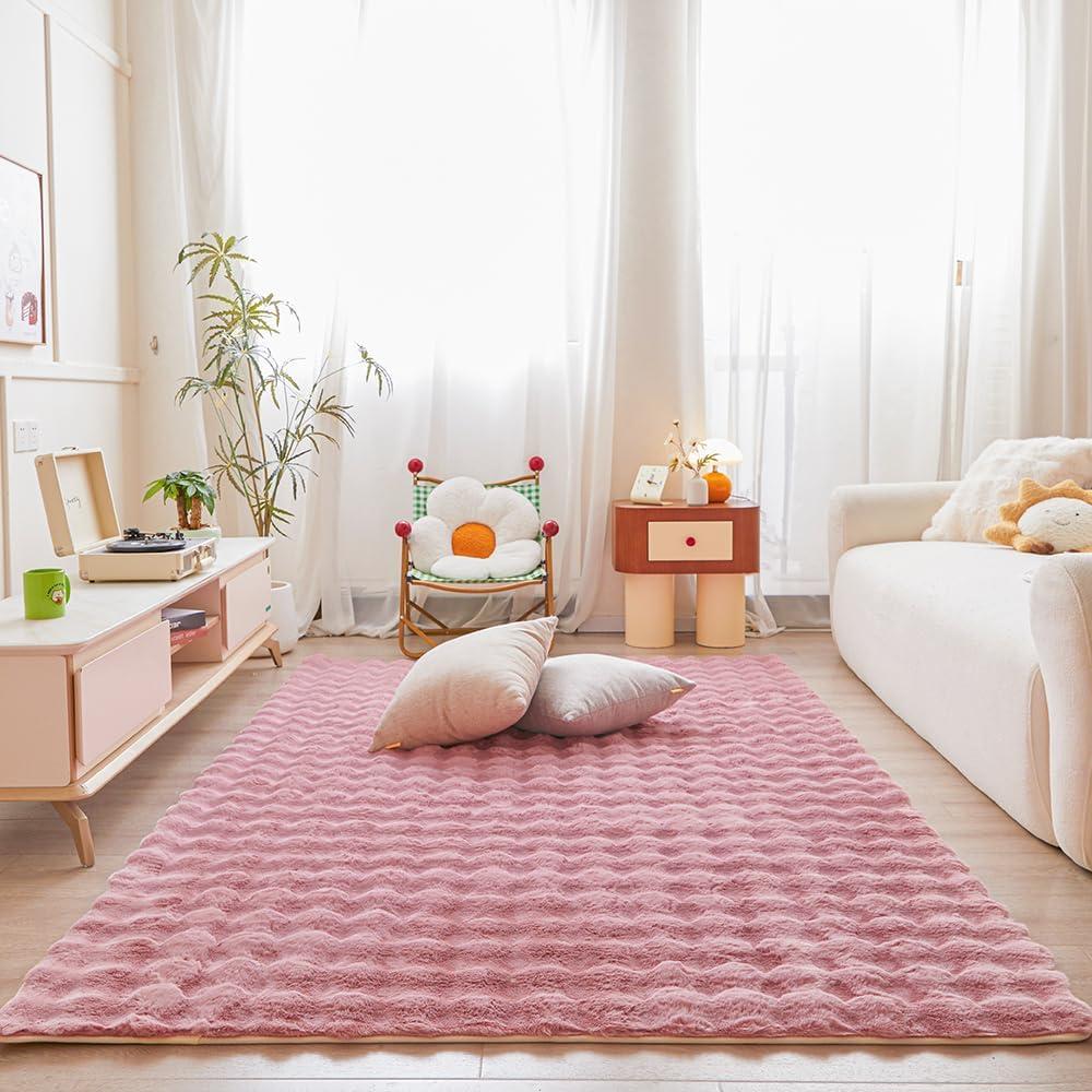 Pink Rabbit Plush Area Rug for Bedroom Living Room Sofa,3'X5' Faux Fur Fluffy Shaggy Rectangular Square Rug for Kids Teen Girls Room,Furry Carpet Rug for Nursery Baby Room Decor for Teenage