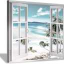 Open Windows Canvas Wall Art: Beach with Coastal Palm Graphic Artwork Print on Wrapped Canvas for Wall Decor(24''x18'')