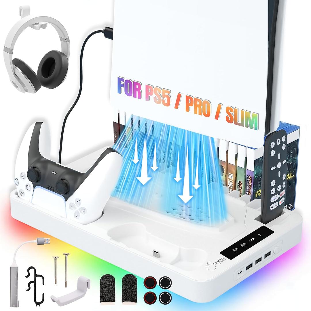PS5 Cooling Station for PS5/Slim/Pro Disc & Digital Console Includes USB Port Extender & Ps5 Accessories Ps5 Stand with Cooling Fan 3 Level Adjustable, Dual Controller Chargers and RGB Lights