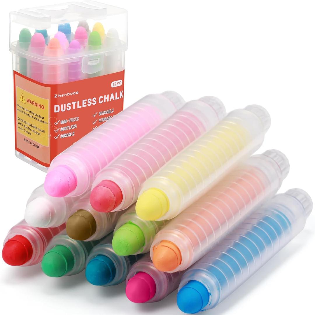 Dustless Chalk for Kids - 12 PCS Twistable Non-Toxic Washable Children's Day Sidewalk Chalk with Holder | Unique Art Tool for Outdoor & Indoor Blackboard Fun | Packed in Plastic Box