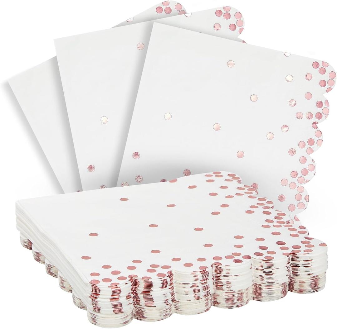 50 Pack Scalloped White & Rose Gold Napkins for Birthday, Wedding Decorations, Foil Polka Dotted for Holiday Party (3 Ply, 6.3 In Cocktail Napkins)