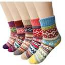 Women's 5 Pairs Vintage Style Winter Knitting Warm Wool Crew Socks, A-Wave, Free Size Multi Color