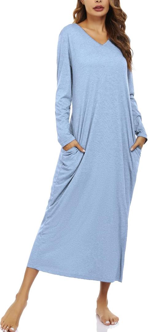 Marvmys Women Cotton Long Nightgowns Long Sleeves Nightshirts V Neck Full Length Sleep Shirts with Pocket (Large, Baby Blue)