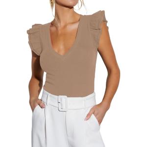 Ezbelle Women's Summer Sleeveless Tops V Neck Ruffle Shirts Ribbed Knit Tank Top Sexy Blouse Ladies Clothes 2025 (Khaki)