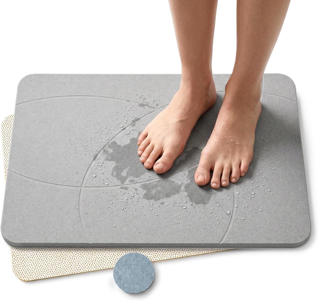 Super Absorbent Stone Bath Mat 24x16, Diatomaceous Earth Bath Mat with Non Slip Grip, Water Absorbing Stone Surface for Shower, Tub, Sink & Vanity, Gray
