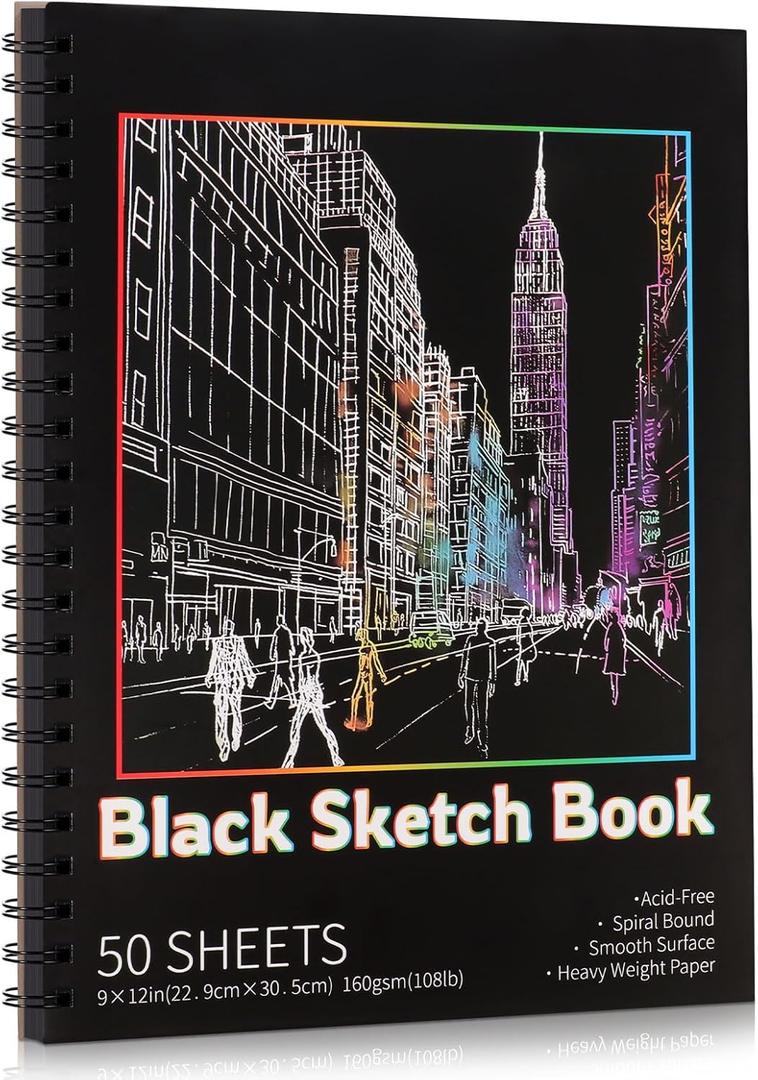 50 Sheets Black Paper Sketchbook, 108 lb/160gsm Heavyweight Black Sketch Pad 912in, Acid-Free Drawing Paper, Spiral Bound Sketch Book for Kids, Teens, Artist