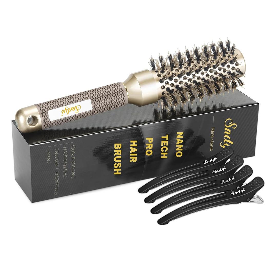 Sndyi Small Round Brush for Blow Out, Nano Thermal Ceramic Ionic Round Hair Brush with Boar Bristles, Boost Shine & Volume, For Short Hair with Quick Blow Drying & Salon Styling - 2.3'', Barrel 1.3''