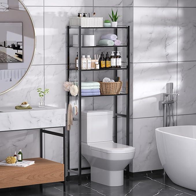 Tujurich 4-Tier Over The Toilet Storage Rack, Bathroom Organizer with One-Piece Metal Mesh Shelves, Over Toilet Shelf with Adjustable Feet & Anti-Tip Kit, Space-Saving Bathroom Storage, Silver