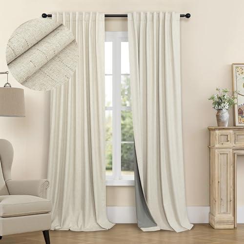 98 Inch Curtains Blackout Linen Country Cottage Core Thick Textured Lightweight Window Drapes for Guest Bedroom Living Room Darkening Thermal Winter Curtain Keep Cold Out 98 Inch Length 2 Panels Beige