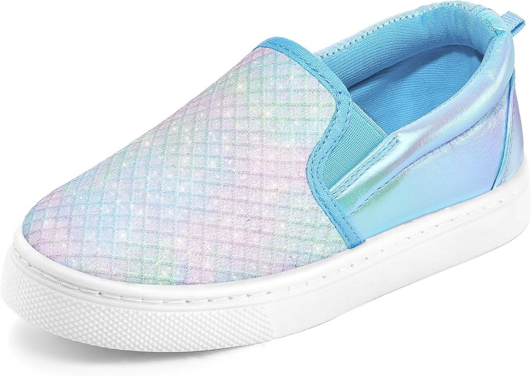 K KomForme Toddler Girls Boys Shoes Little Kids Slip on Canvas Sneakers for Running/Walking (Blue Glitter)