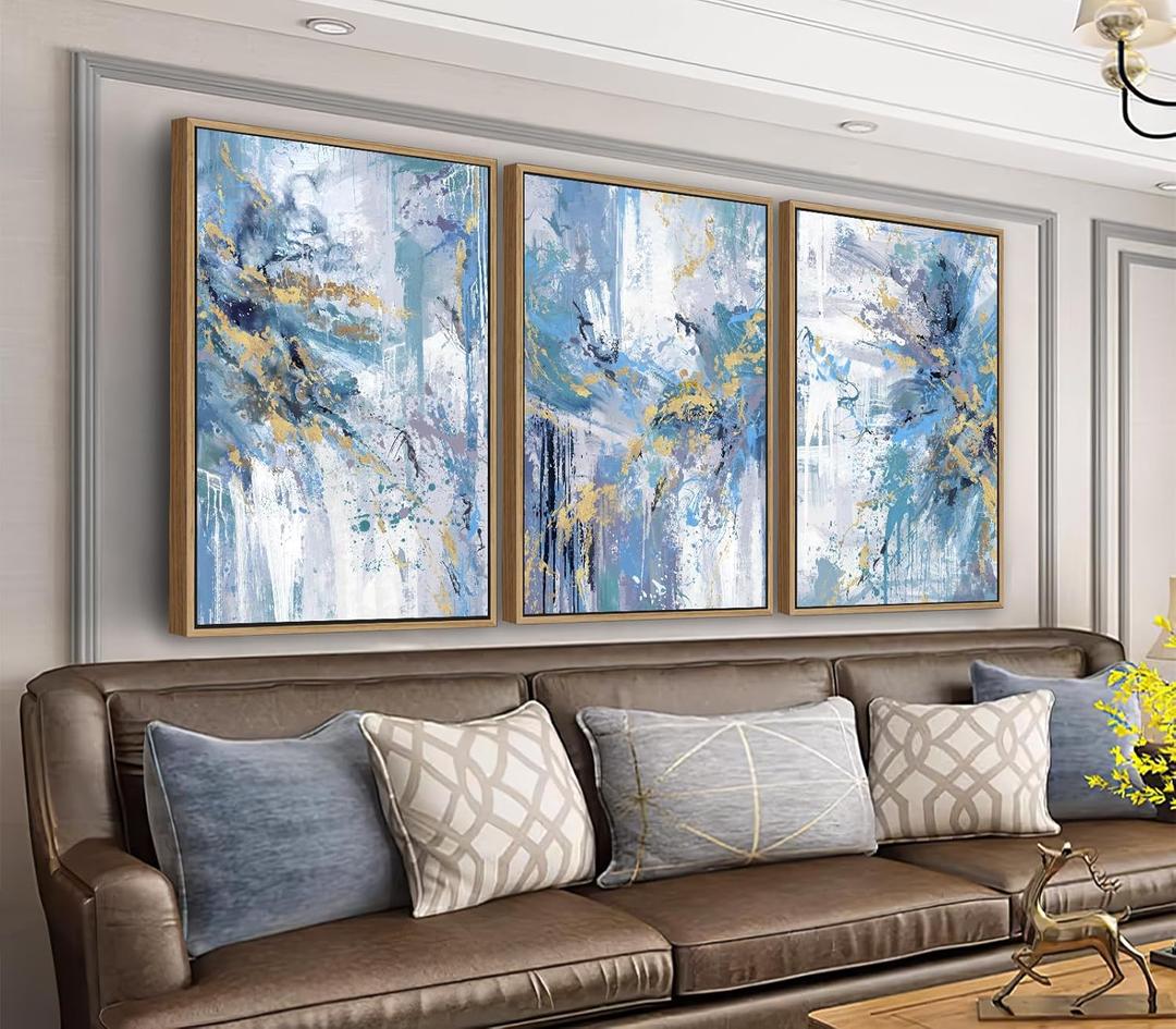 arteWOODS Abstract Framed Wall Art - Blue Gold Splashes Canvas Pictures Wall Decor Modern Dynamic Painting Artwork Prints for Living Room Bedroom Home Decor 24 x 16in * 3 Natural Wood Frame