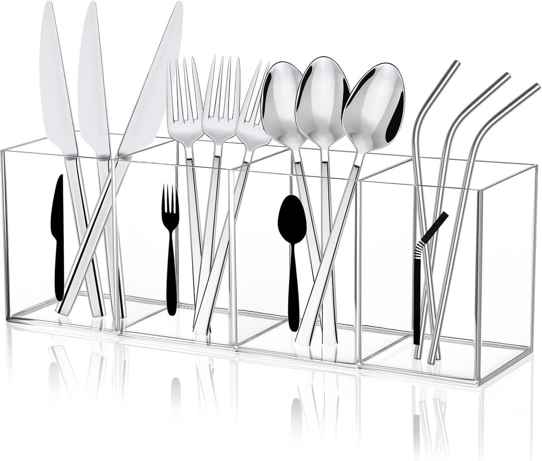 Acrylic Cutlery Storage Organizer Bin with Straw Holder, Clear Acrylic Silverware Caddy Utensil Holder 4 Section Plastic Cutlery Caddy Straw Organizer for Countertop Kitchen Party Buffet Picnic