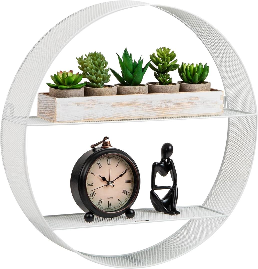Mind Reader Circular Floating Shelves, Wall Decor, Accent Shelf, Office, Bathroom, Metal Mesh, 18" L x 4" W x 18" H, White