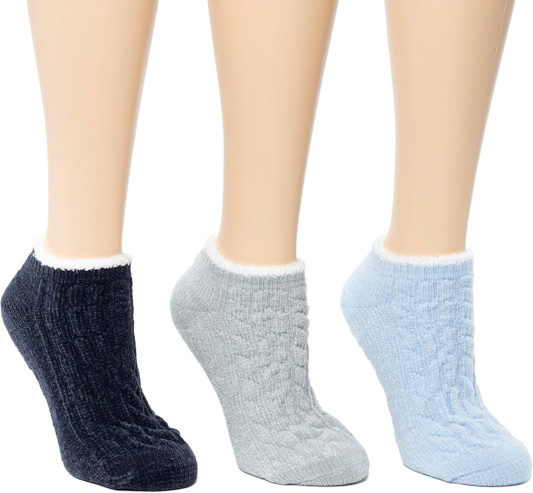 Cuddl Duds Women Cozy Lined Super Soft 3 Pair Pack Low Cut with Grippers Lounge Socks (One Size, Blue)