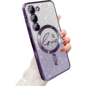 for Samsung Galaxy S23 Case Magnetic,for Women Girl Soft Cute Luxury Love Heart Plating Bling Gradient Glitter Phone Case Compatible with MagSafe Clear Shockproof Back Cover 6.1-Purple