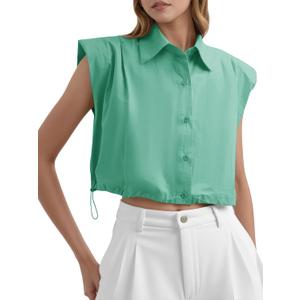 Tankaneo Womens Sleeveless Button Down Shirts Casual Loose V Neck Pad Shoulder Crop Tank Top (Large, Green)