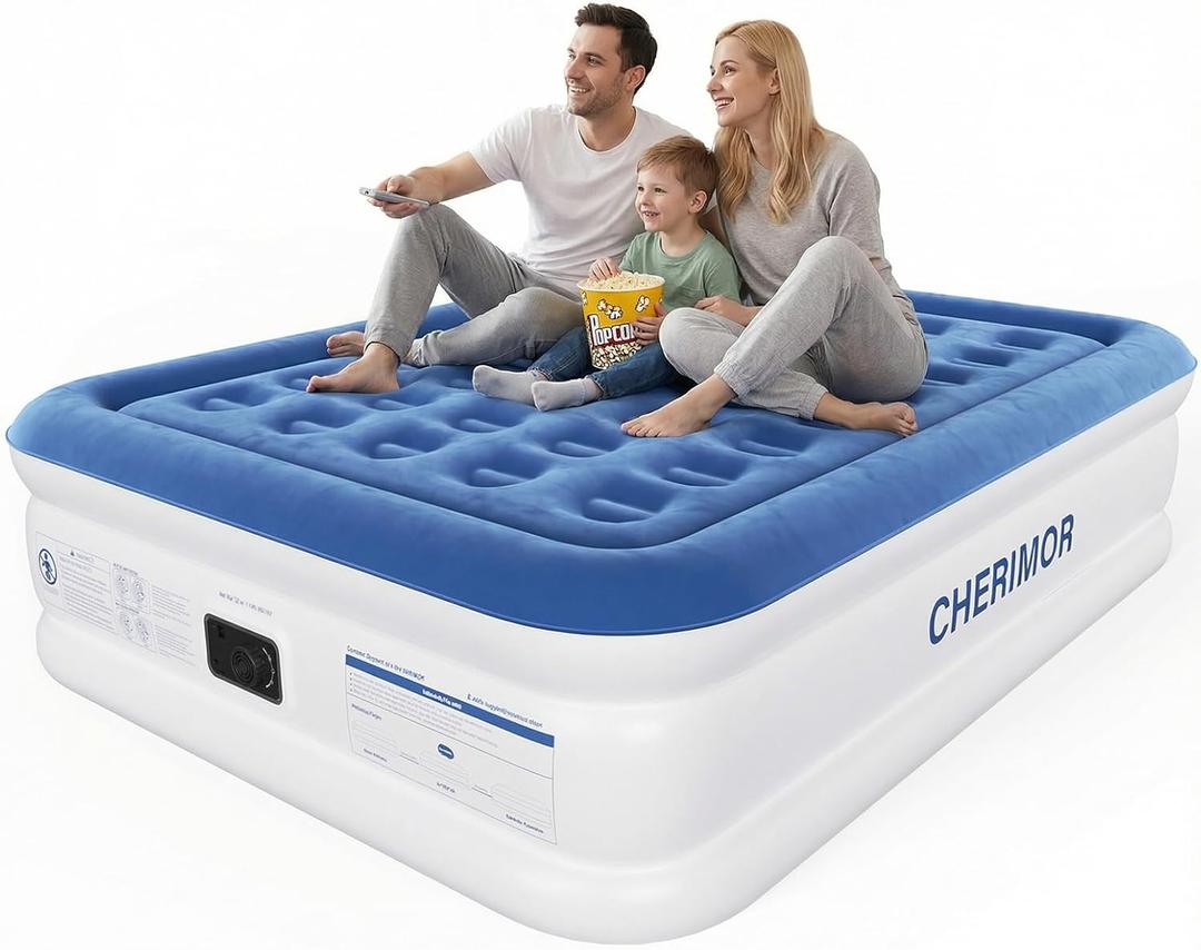Queen Air Mattress with Built-in Pump, 18" Raised Comfort, 48Hr Leak-Proof Test, Upgraded Honeycomb Pillar Design, Supports 800 lbs, 3-Min Inflation-Inflatable Bed for Home Guests & Camping (Blue)