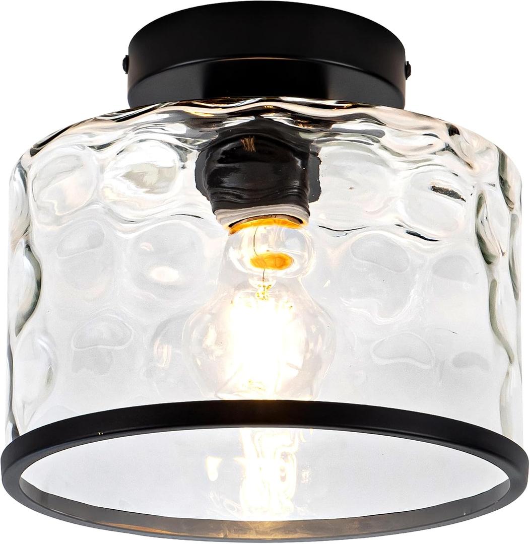Zlepmlla Glass Ceiling Light, Black Semi Flush Mount with Hammered Glass Shade, Farmhouse Light Fixture for Hallway, Bathroom, Entryway, Kitchen, Living Room