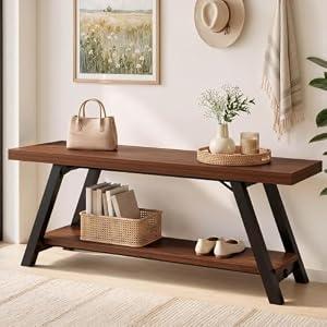 LVB Industrial Entryway Bench with Storage, Wood and Metal Bedroom Bench