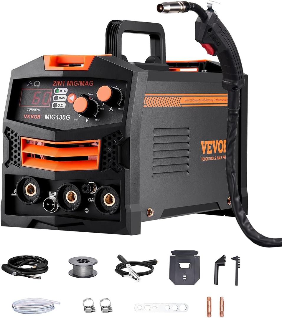 VEVOR MIG Welder, 130A Synergic Mig Welding Machine, 2-in-1 Gas MIG/Gasless Flux Core MIG Multi-Process Welder Machine, 110V Portable Mig Welder with IGBT Inverter Technology & Digital Display Screen