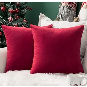 MIULEE Pack of 1 Christmas Red Velvet Pillow Covers Decorative Square Pillowcase Soft Solid Cushion Cases Holiday Home Decor for Sofa Couch Bedroom Car 18x18 Inch