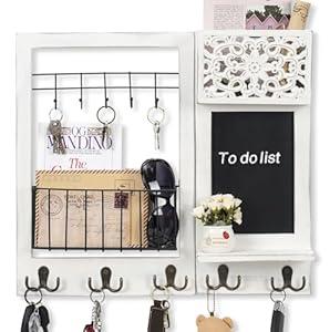Dhmkfly Key Holder Wall Mount, Mail Organizer with 10 Hooks and Shelf, Wall Decorative Key Rack with Chalkboard for Entryway Hallway Bedroom Farmhouse Dog Leash Home Decor