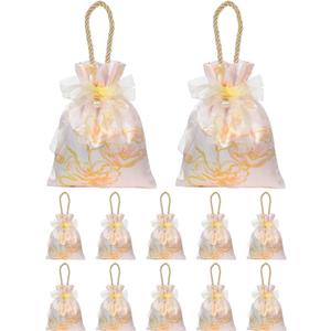 Liobelon 10 Pieces champagne Floral Small Gift Bags with Handles 6 x 5'' Satin Gift Bags Small Drawstring Jewelry Pouches Candy Bag Tea Party Favor Bags Wedding Favors Candy Boxes for Party