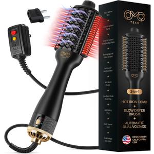 Automatic Dual Voltage Blowout Brush Hair Dryer, 4-in-1 Blow Drying Brush, Ionic Hair Straightener w/No Heat Damage, Light 1.3 lb Blowout Tool, Blow Dryer Curling Wand, Hot Air Styler for All Types