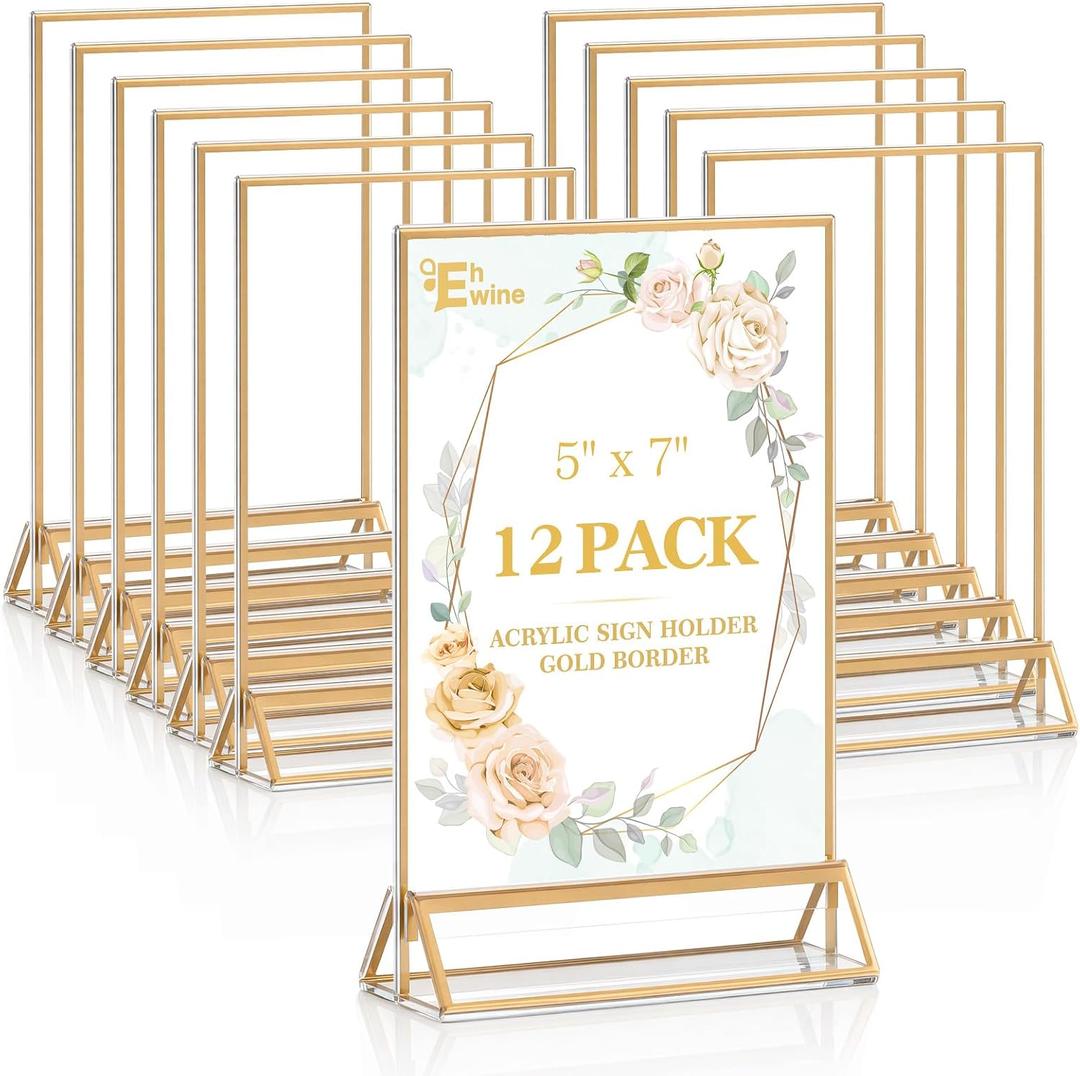 EHWINE 12 Pack Acrylic Sign Holder 5 x 7, Double Sided Gold Picture Frame Stand up Table Top Sign Holders, Clear Display Stand Menu Flyer Holder for Wedding Party (Provide Non-slip Mats)