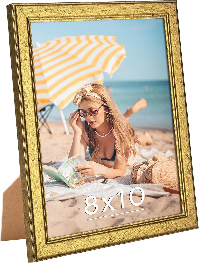 Wood 8x10 Frame Set Gold, Ornate Natural Wooden 10x8in Picture Frames, Modern Golden 8 x 10inch Gallery Photo Pic Frame with HD Plexiglass, Horizontal Vertical Wall Mounting Tabletop Display 1Pcs