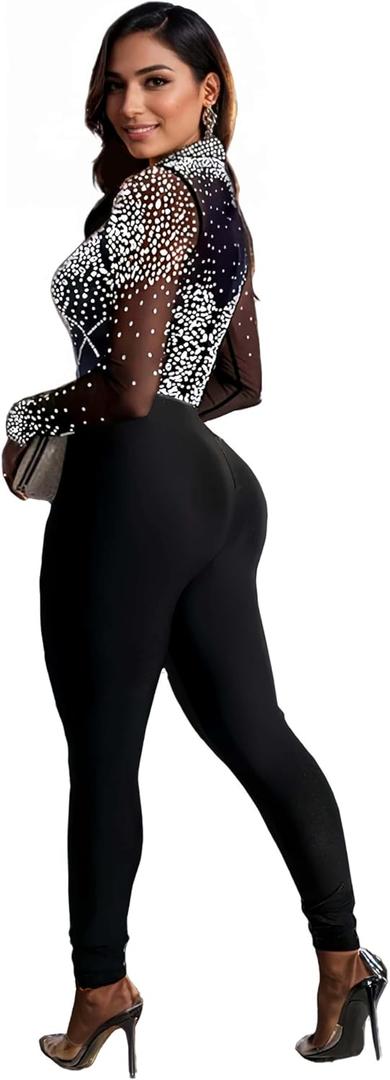 Figdaw Sparkly Rhinestone Embellished Jumpsuit Sexy Birthday Outfits for Women, Size XL (Black)