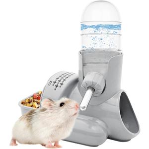 Vannon 3 in 1 Hamster Water Bottle No Drip Small Animal Water Bottle Automatic Bottle Dispenser with Food Container Base Hut and Hideout Base 4oz/120ml,Leekproof, BPA Free (Grey)
