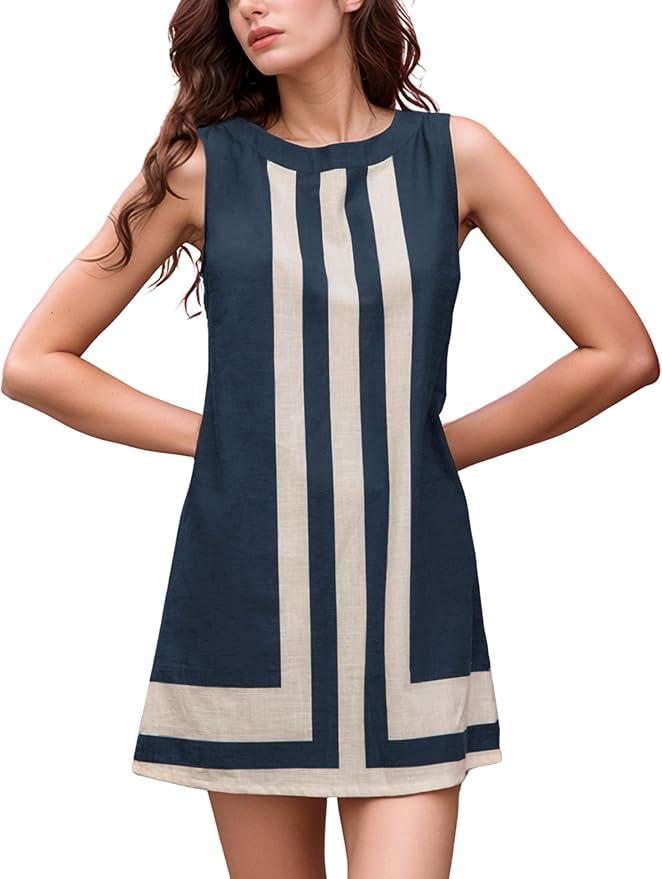 Daacee Women’s Boho Color Block Mini Dress Casual Summer Flowy Sleeveless Striped Dresses Beach Tank Sundress Coverups S