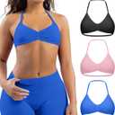 Comper Women's 3 Pack Strappy Bras Halter Bra Seamless Open Back Sports Bras Casual Bralette Crop top with Removable Cups (Medium, Black+sapphire Blue+pink)
