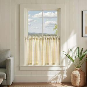 jinchan Striped Linen Kitchen Curtains 24 Inches Tier Curtains Farmhouse Modern Cafe Style Small Window Treatments Airy Light Filtering Rod Pocket for Living Room Bathroom 2 Panels Mustard Yellow