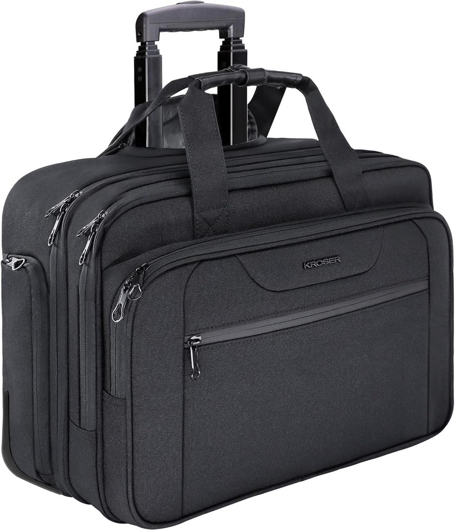 KROSER Rolling Laptop Bag Premium Wheeled Briefcase Fits Up to 17.3 Inch Laptop Overnight Roller Case Computer Bag with RFID Pockets for Travel/Business/Men/Women-Black