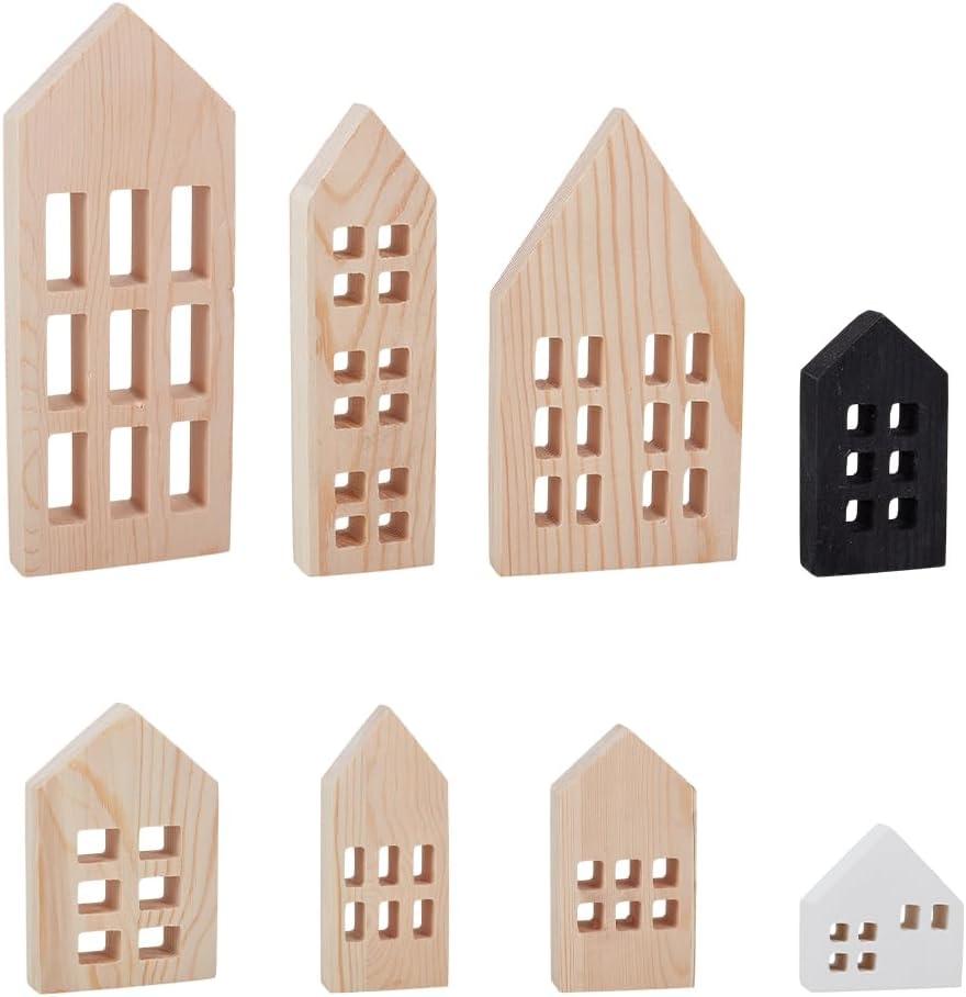 OLYCRAFT 8 Pack Wooden House Blocks Natural Pine Wood Blocks House Shaped Decor Block Wooden Coutouts Multi-Size Unfinished Wood Decor for DIY Home Bookshelf Kitchen Coffee Bar Ornaments
