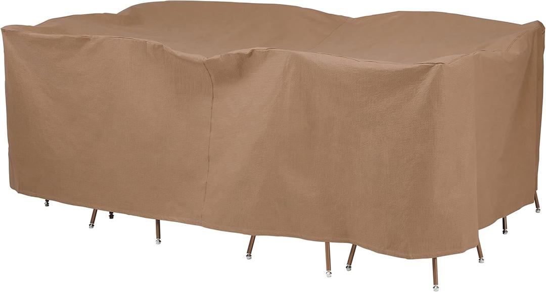 DUCKCOVERS Essential Water-Resistant 109 Inch Rectangular/Oval Patio Table & Chair Set Cover, Outdoor Table Cover (Latte)