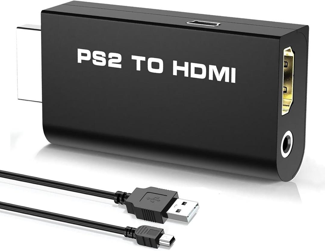 New PS2 to HDMI Converter Adapter, Video Converter with 3.5mm Audio Output for HDTV HDMI Monitor, with USB Power Cable, Supports All PS2 Display Modes