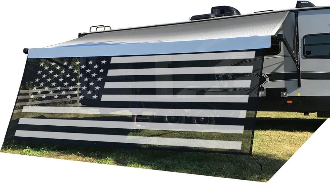 Tentproinc RV Awning Sun Shade Screen 8' X 15' 3'' (American Flag) Black Mesh Sunshade Camper Trailer Awning Shade Screen UV Blocker Completed Kits