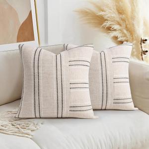 AELS 16x16 Decorative Farmhouse Linen Throw Pillow Covers, Boho Textured Pillow Case, Set of 2, Beige with White & Black Stripe Patchwork Cushion Cover for Sofa Couch Living Room (Cover ONLY)