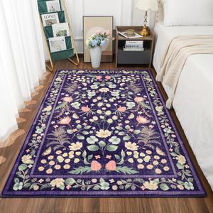 Przemy Area Rugs for Living Room, 4x6 Washable Rug Floral for Kid's Bedroom, Non Slip Rustic Carpet for Office Bedside Entryway Kitchen, Purple