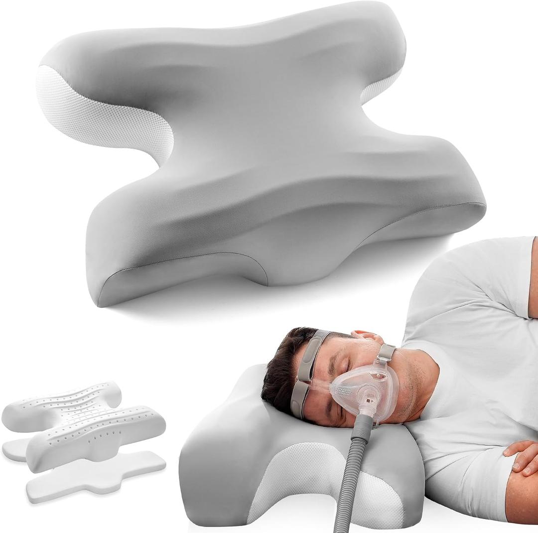CPAP Pillow for Larger-Framed Men, Ergonomic Memory Foam Bed Pillow to Reduce Air Leaks, Facial Pressure, Height Adjustable for Side Back Stomach Sleepers, 23.6"x15.74"x5.11"/5.9"