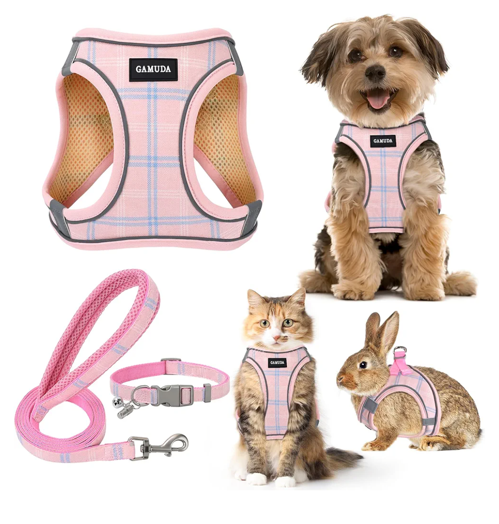 GAMUDA Small Dog Harness Collar and Leash Set, Step in No Chock No Pull Soft Mesh Adjustable Dog Vest Harnesses Plaid Reflective for Dogs Puppy Cats Kitten Rabbit (Pink, S)