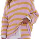 LAMISSCHE Womens Oversized Lounge Sets 2 Piece Outfits Striped Matching Pajama Set Long Sleeve Sweater Set (Medium, Yellow & Purple Pink)