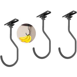 YIBOLIN'S Folding Banana Hanger Hook - Under Cabinet Space Saving Stainless Steel Banana Tree Holder to Keep Bananas Fresh Banana Holder for Kitchen Counter Organization (Black, 3 Pack)